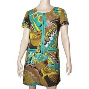 VINTAGE 𝅺Trina Turk Mini Dress Silk Linen Mod Butterfly Print MCM Retro Size 6